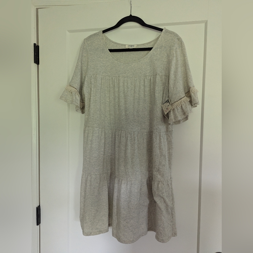 Elegant Cream & Grey Ruffle Sleeve Dress